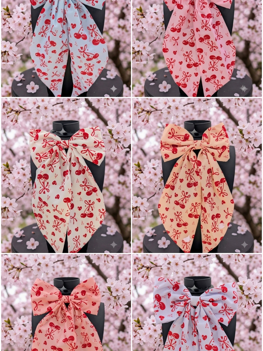 Large Long Tailed Cherry Print Hair Bow: Single Or Multi Purchase Options